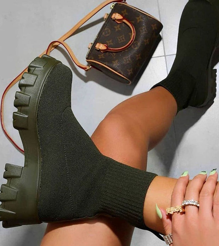 Women's Slip-On Chunky Heel Sock Boots Lug Sole - Green