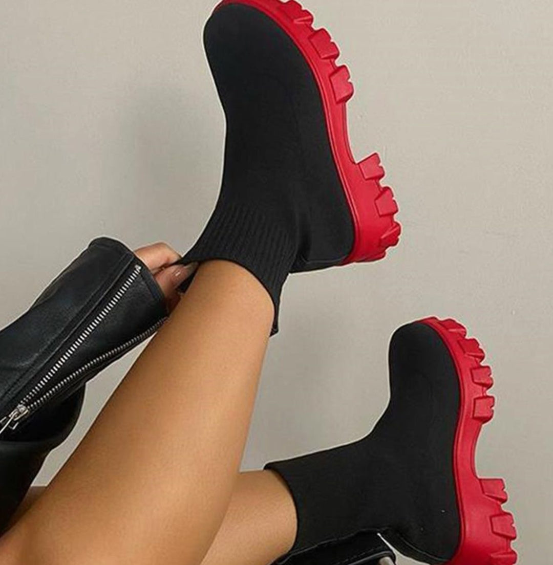 Women's Slip-On Chunky Heel Sock Boots Lug Sole - Black With Red Soles