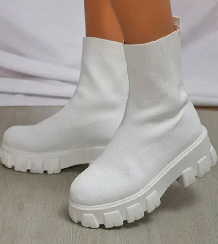 Women's Slip-On Chunky Heel Sock Boots Lug Sole - White