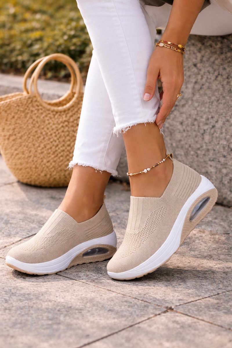 Women's Slip-On Knit Walking Sneaker Boots Cushioned Air Sole - Beige