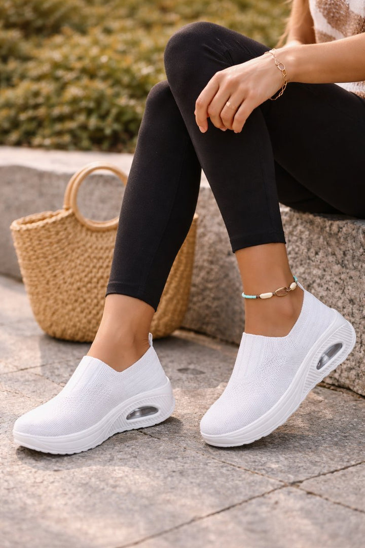 Women's Slip-On Knit Walking Sneaker Boots Cushioned Air Sole - White