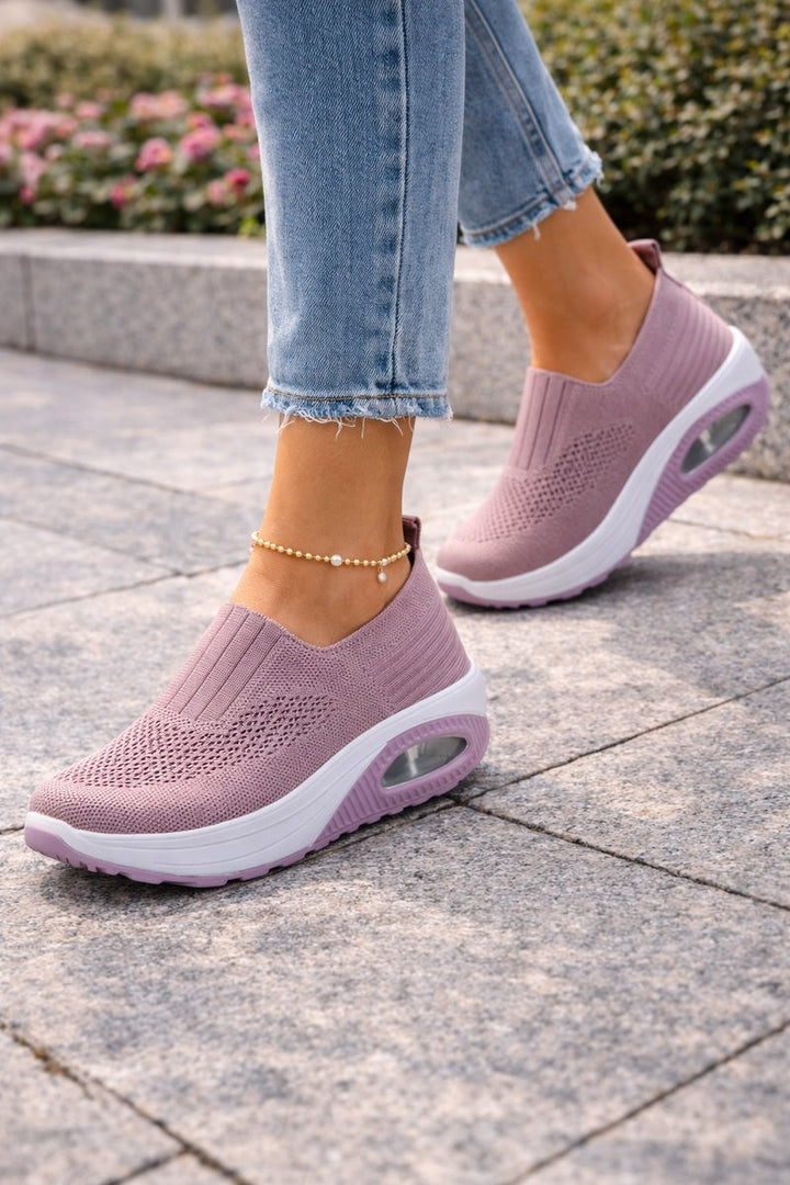 Women's Slip-On Knit Walking Sneaker Boots Cushioned Air Sole - Pink
