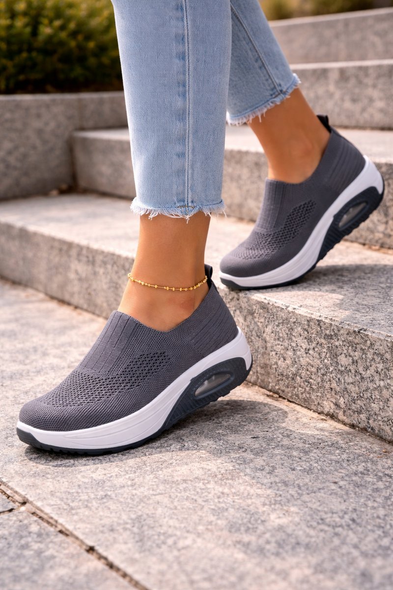 Women's Slip-On Knit Walking Sneaker Boots Cushioned Air Sole - Gray