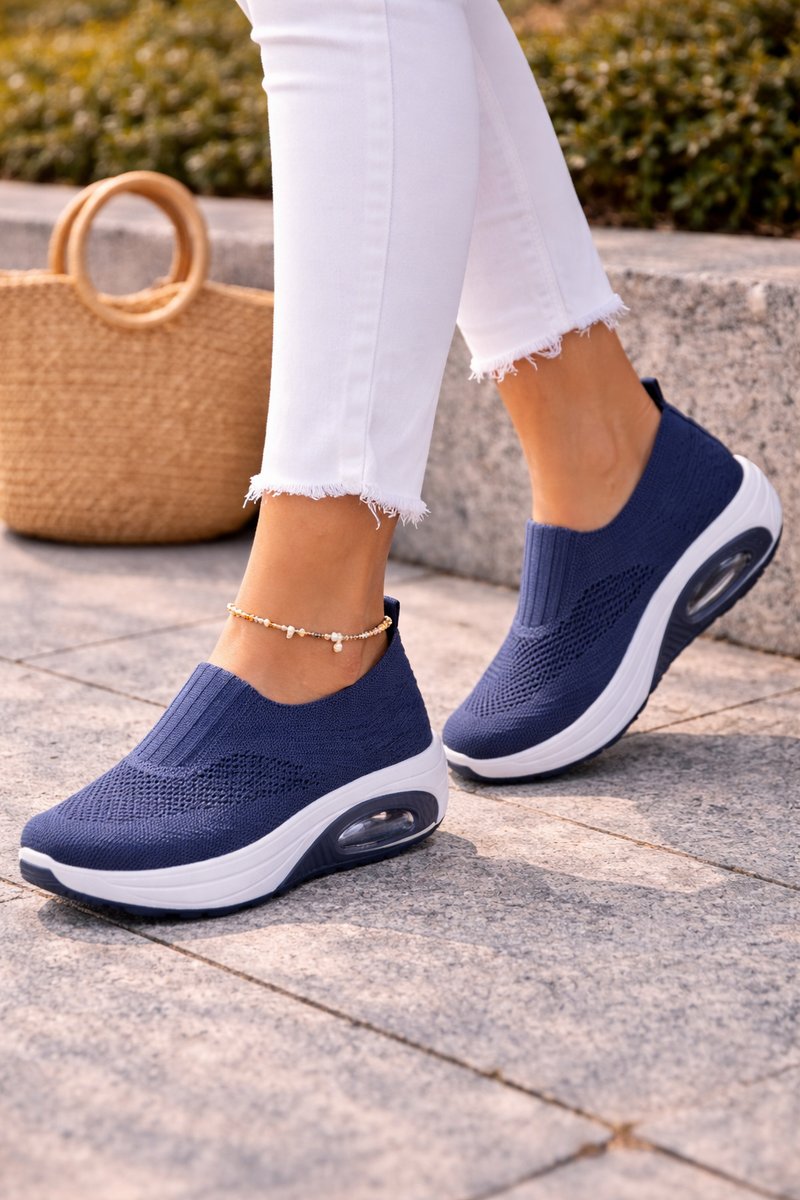 Women's Slip-On Knit Walking Sneaker Boots Cushioned Air Sole - Navy
