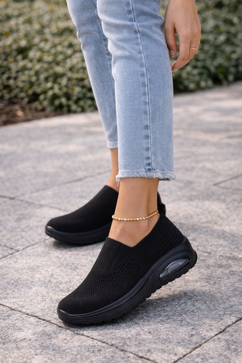 Women's Slip-On Knit Walking Sneaker Boots Cushioned Air Sole - Black