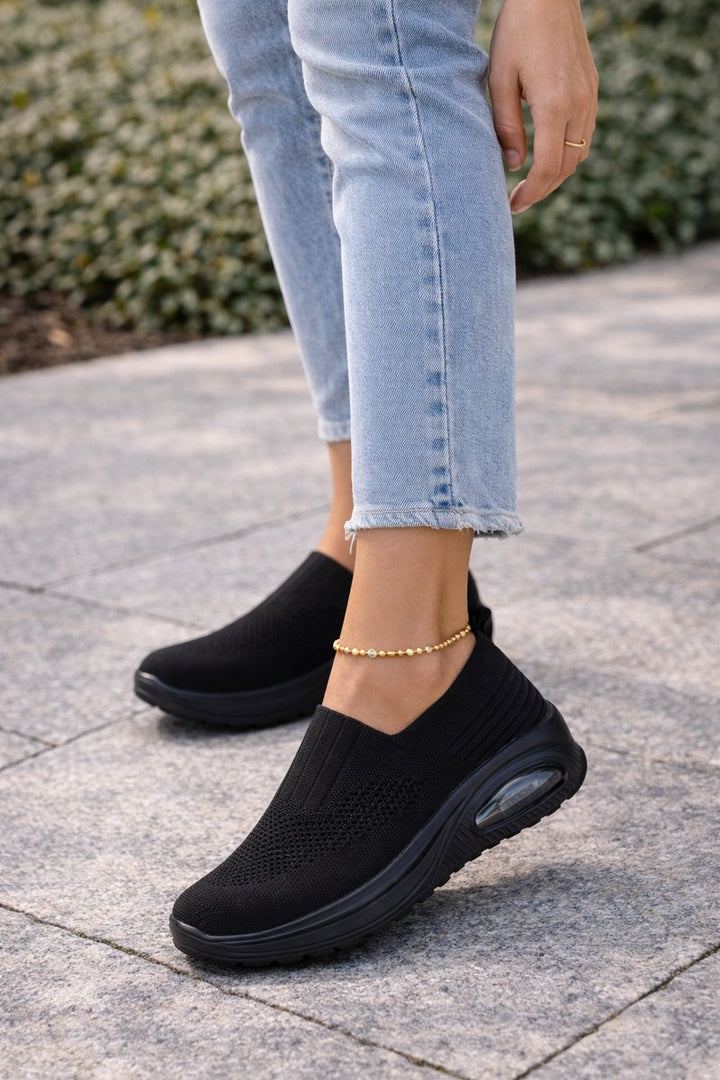 Women's Slip-On Knit Walking Sneaker Boots Cushioned Air Sole - Black