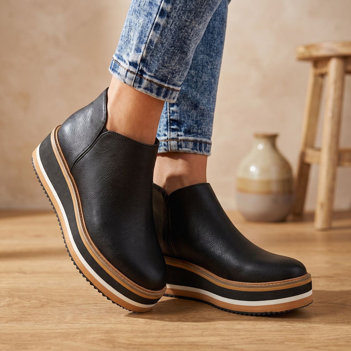 Women's Slip-On Platform Ankle Boots Faux Leather Striped Sole - Black