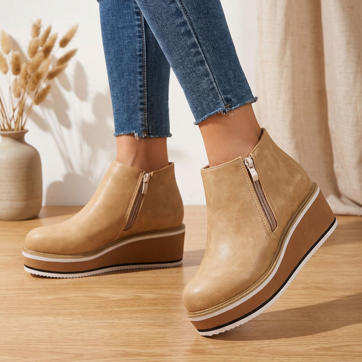 Women's Slip-On Platform Ankle Boots Faux Leather Striped Sole - Khaki