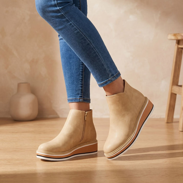 Women's Slip-On Platform Ankle Boots Faux Leather Striped Sole