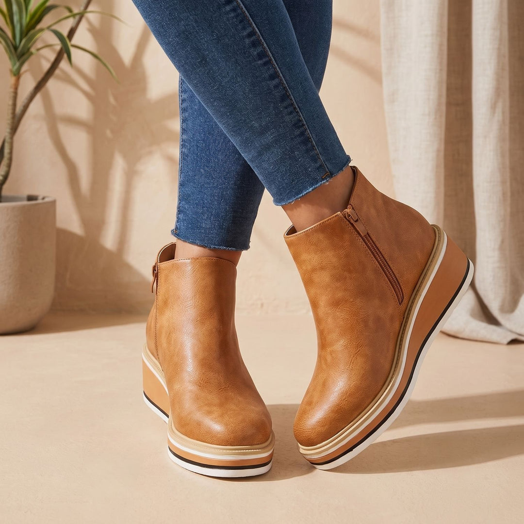 Women's Slip-On Platform Ankle Boots Faux Leather Striped Sole - Brown