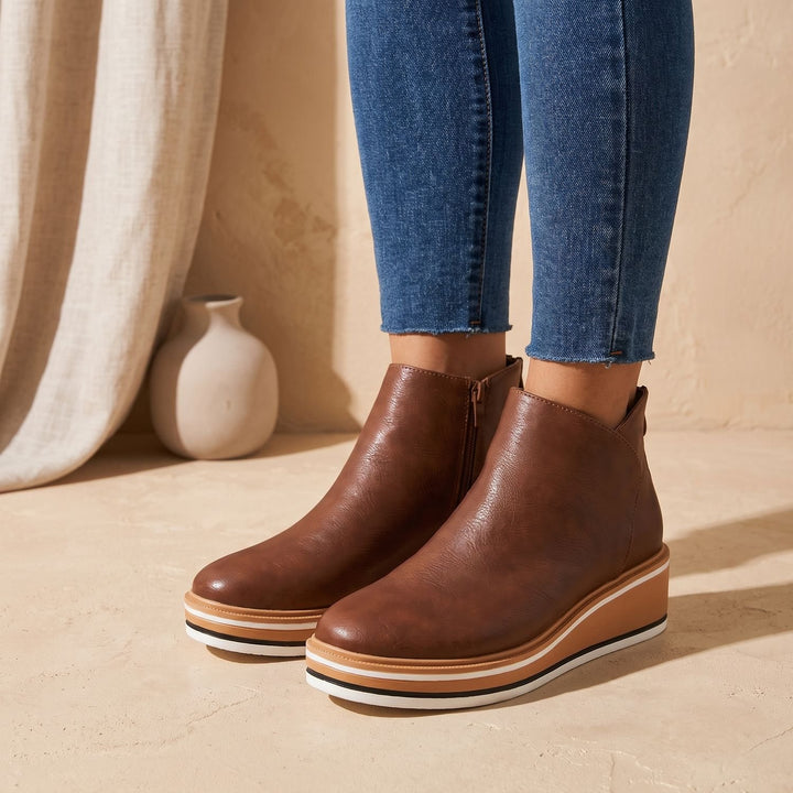 Women's Slip-On Platform Ankle Boots Faux Leather Striped Sole - Coffee