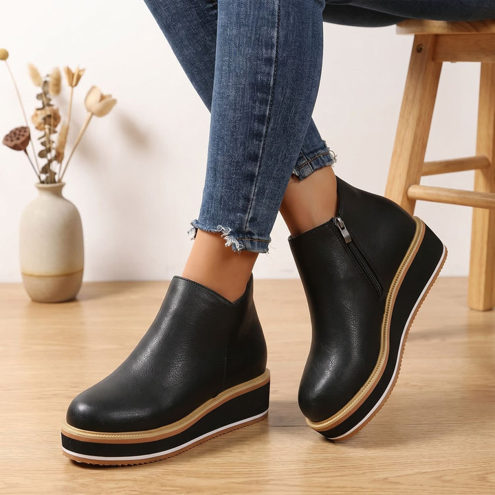 Women's Slip-On Platform Ankle Boots Faux Leather Striped Sole