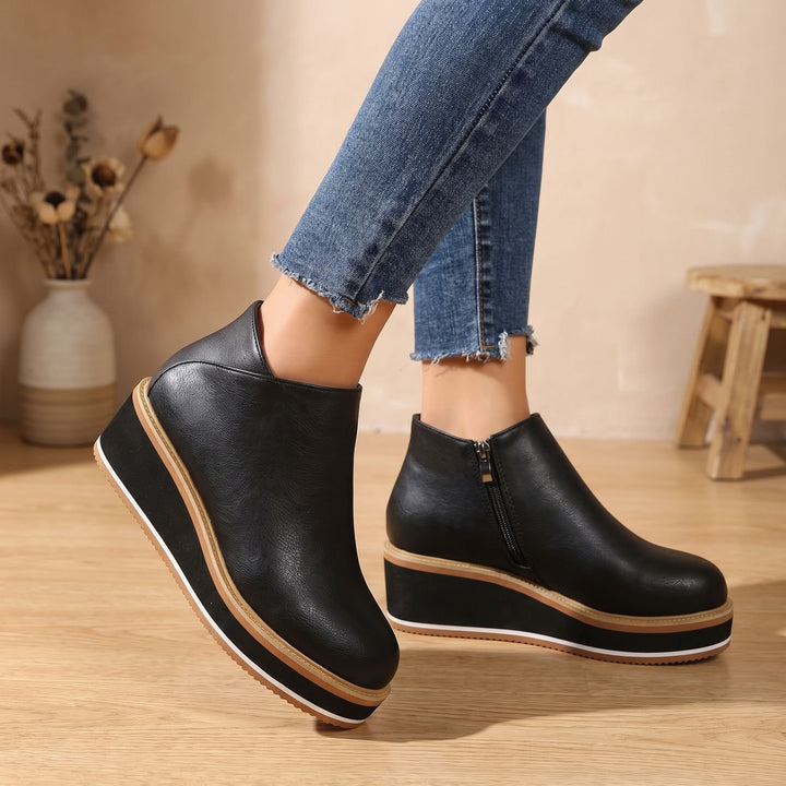 Women's Slip-On Platform Ankle Boots Faux Leather Striped Sole