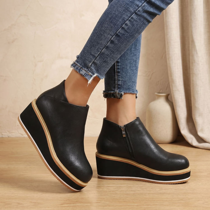 Women's Slip-On Platform Ankle Boots Faux Leather Striped Sole