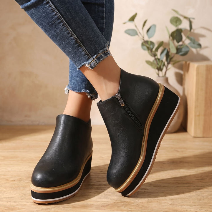 Women's Slip-On Platform Ankle Boots Faux Leather Striped Sole