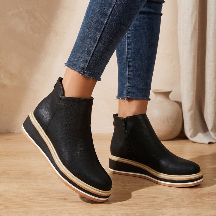 Women's Slip-On Platform Ankle Boots Faux Leather Striped Sole