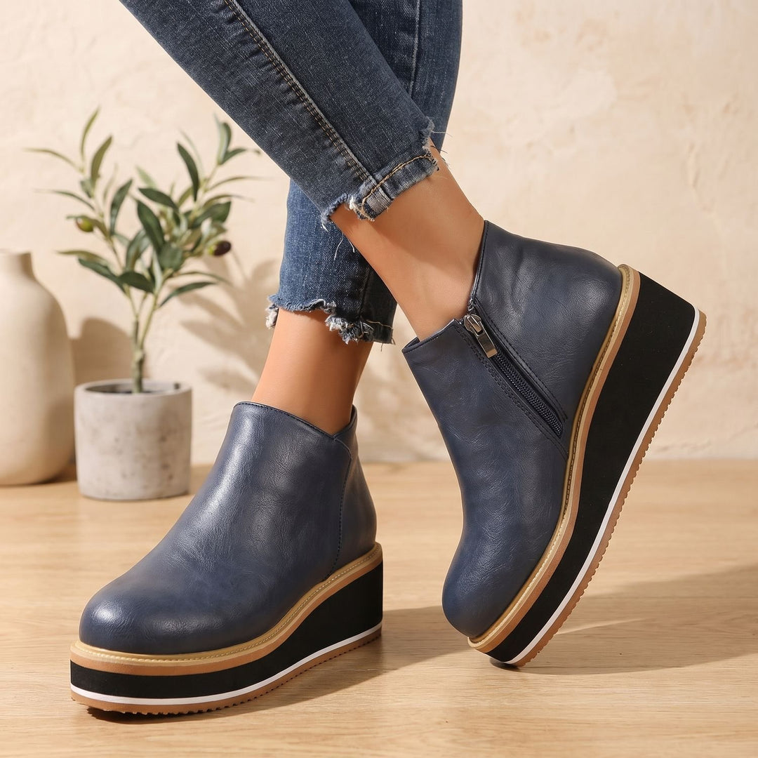 Women's Slip-On Platform Ankle Boots Faux Leather Striped Sole - Blue