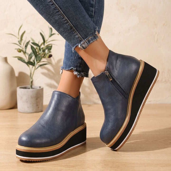 Women's Slip-On Platform Ankle Boots Faux Leather Striped Sole - Blue