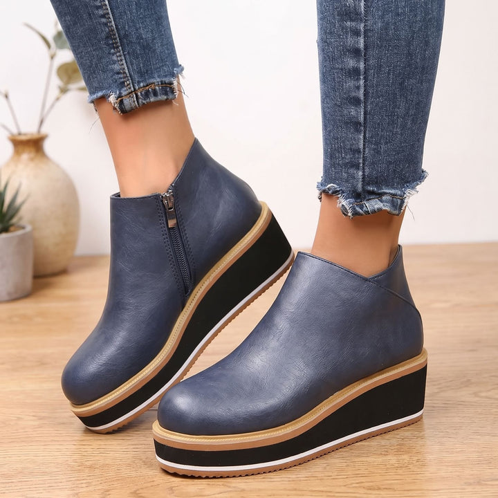 Women's Slip-On Platform Ankle Boots Faux Leather Striped Sole