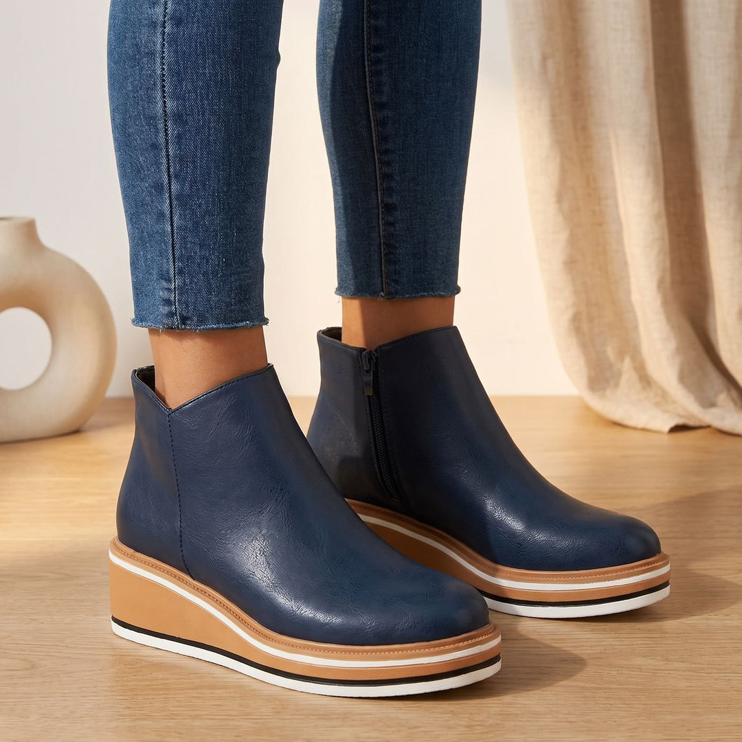 Women's Slip-On Platform Ankle Boots Faux Leather Striped Sole