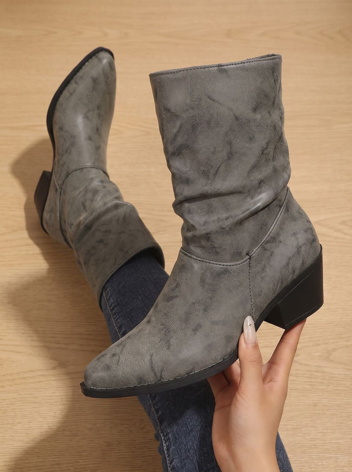Women's Slouch Mid-Calf Block-Heel Faux Leather Boots - Gray