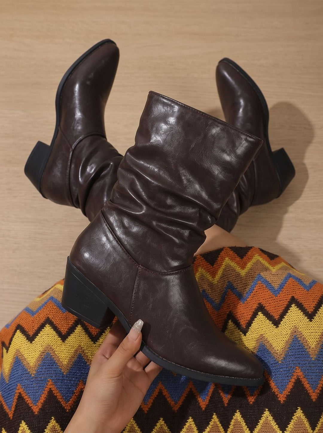 Women's Slouch Mid-Calf Block-Heel Faux Leather Boots - Brown