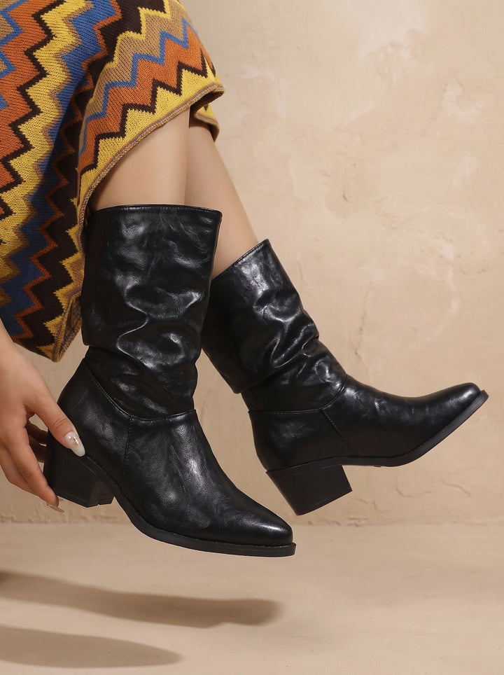 Women's Slouch Mid-Calf Block-Heel Faux Leather Boots - Black