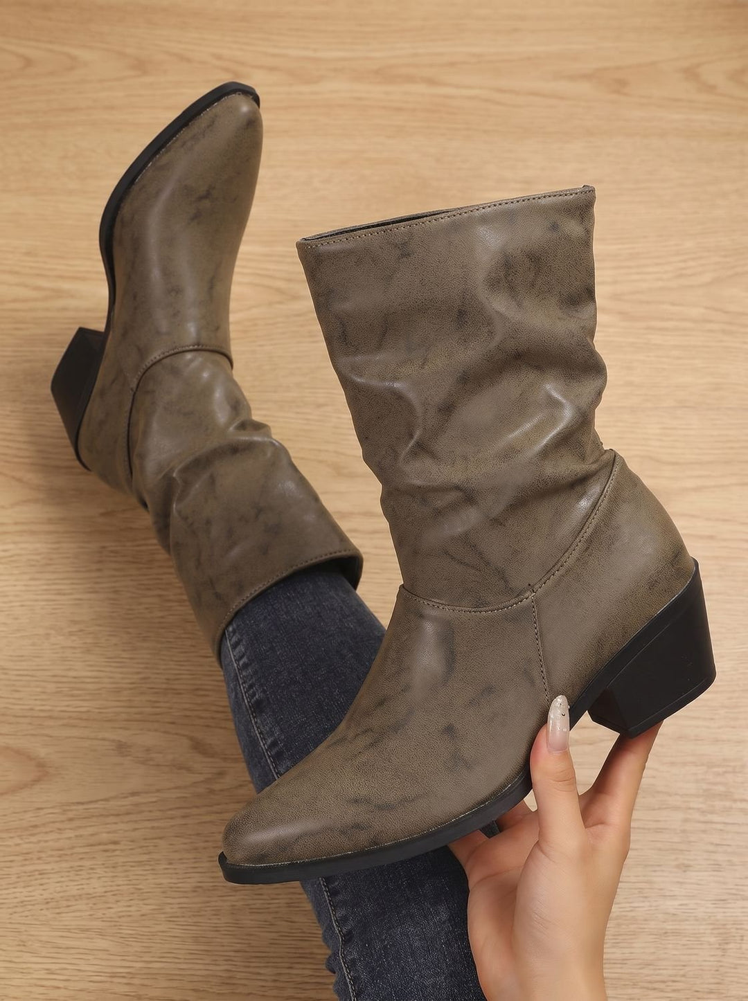Women's Slouch Mid-Calf Block-Heel Faux Leather Boots - Khaki