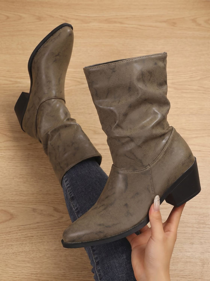 Women's Slouch Mid-Calf Block-Heel Faux Leather Boots - Khaki