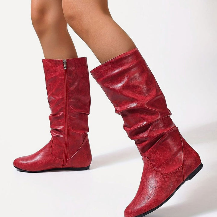 Women's Slouched Flat Mid-Calf Boots Zipper Closure