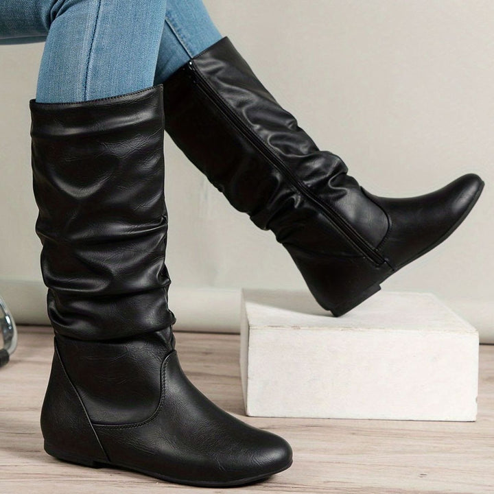 Women's Slouched Flat Mid-Calf Boots Zipper Closure - Black
