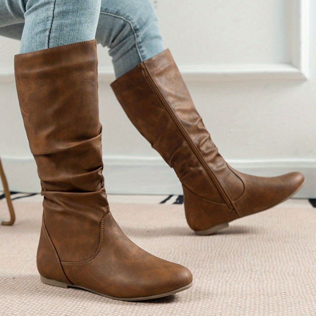 Women's Slouched Flat Mid-Calf Boots Zipper Closure - Light Brown