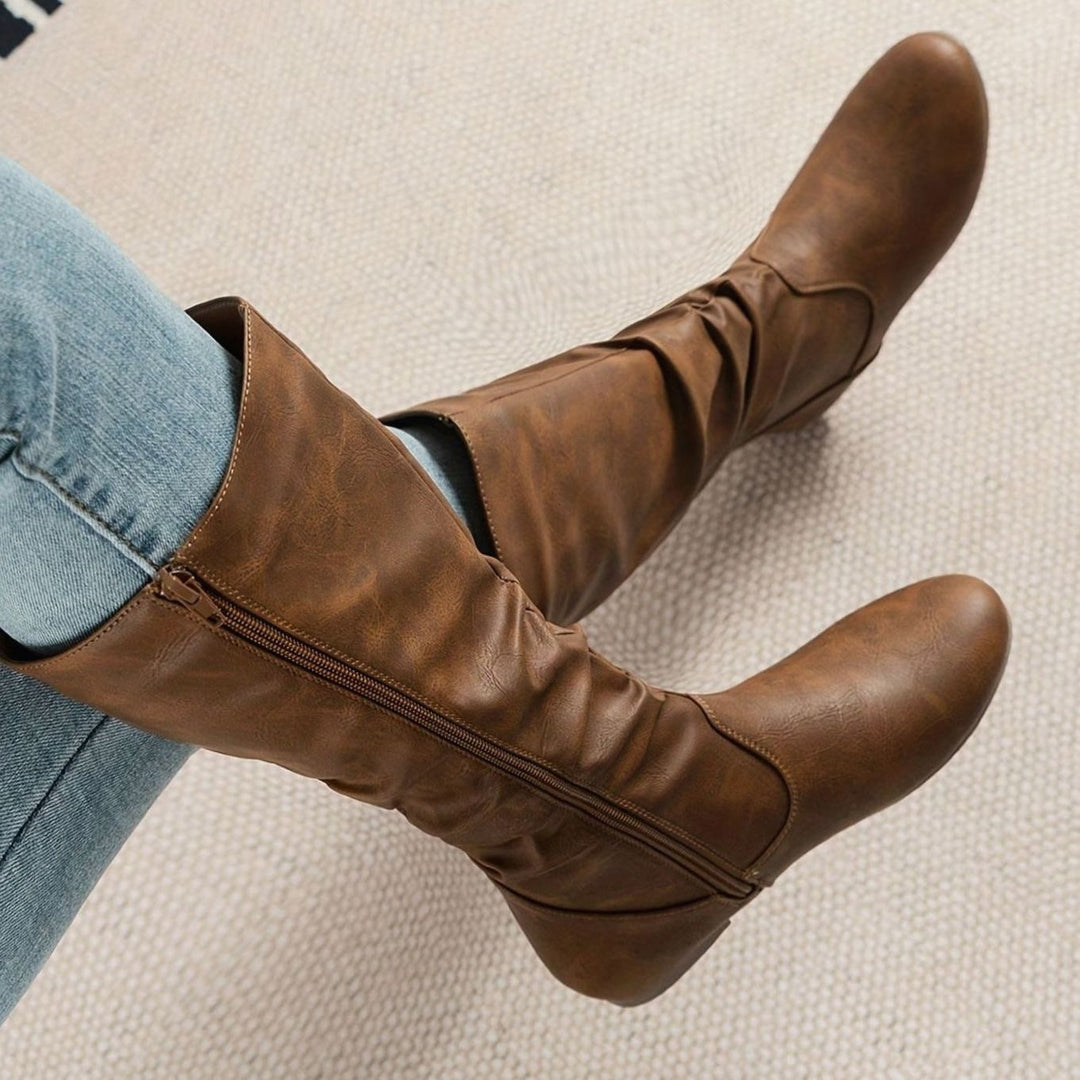 Women's Slouched Flat Mid-Calf Boots Zipper Closure