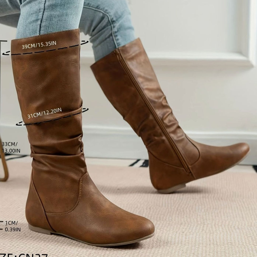 Women's Slouched Flat Mid-Calf Boots Zipper Closure