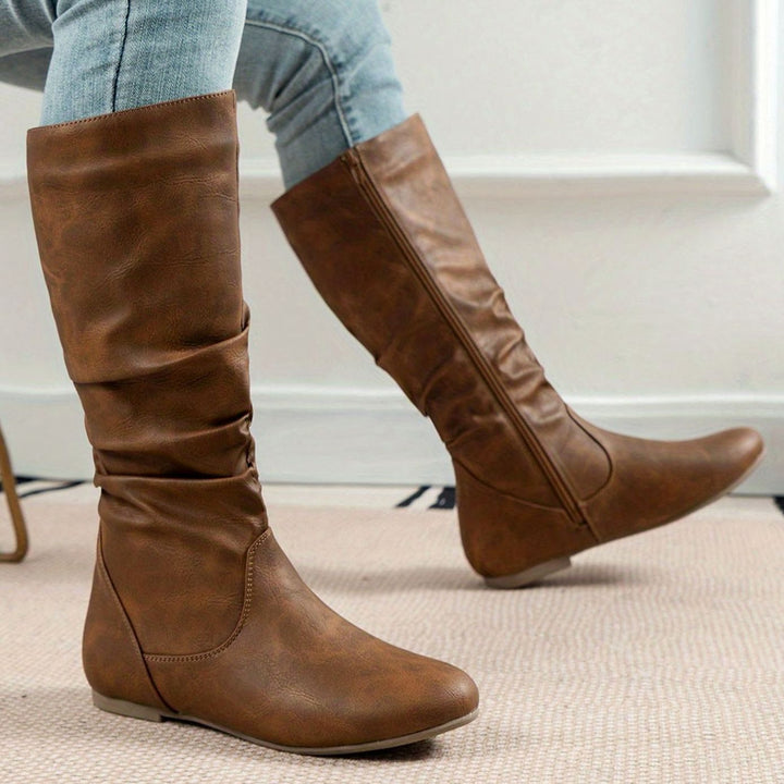 Women's Slouched Flat Mid-Calf Boots Zipper Closure