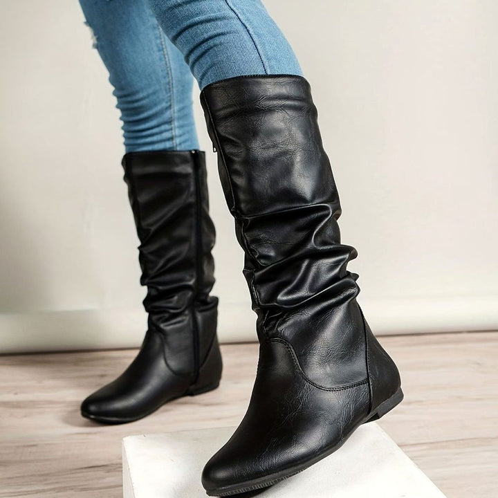 Women's Slouched Flat Mid-Calf Boots Zipper Closure