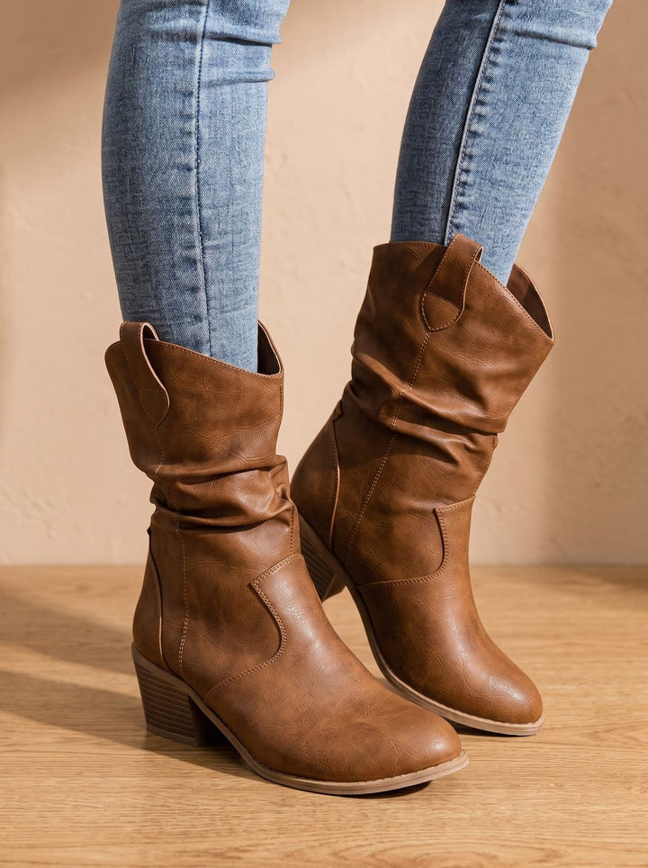 Women's Slouchy Block Heel Mid-Calf Boots - Brown