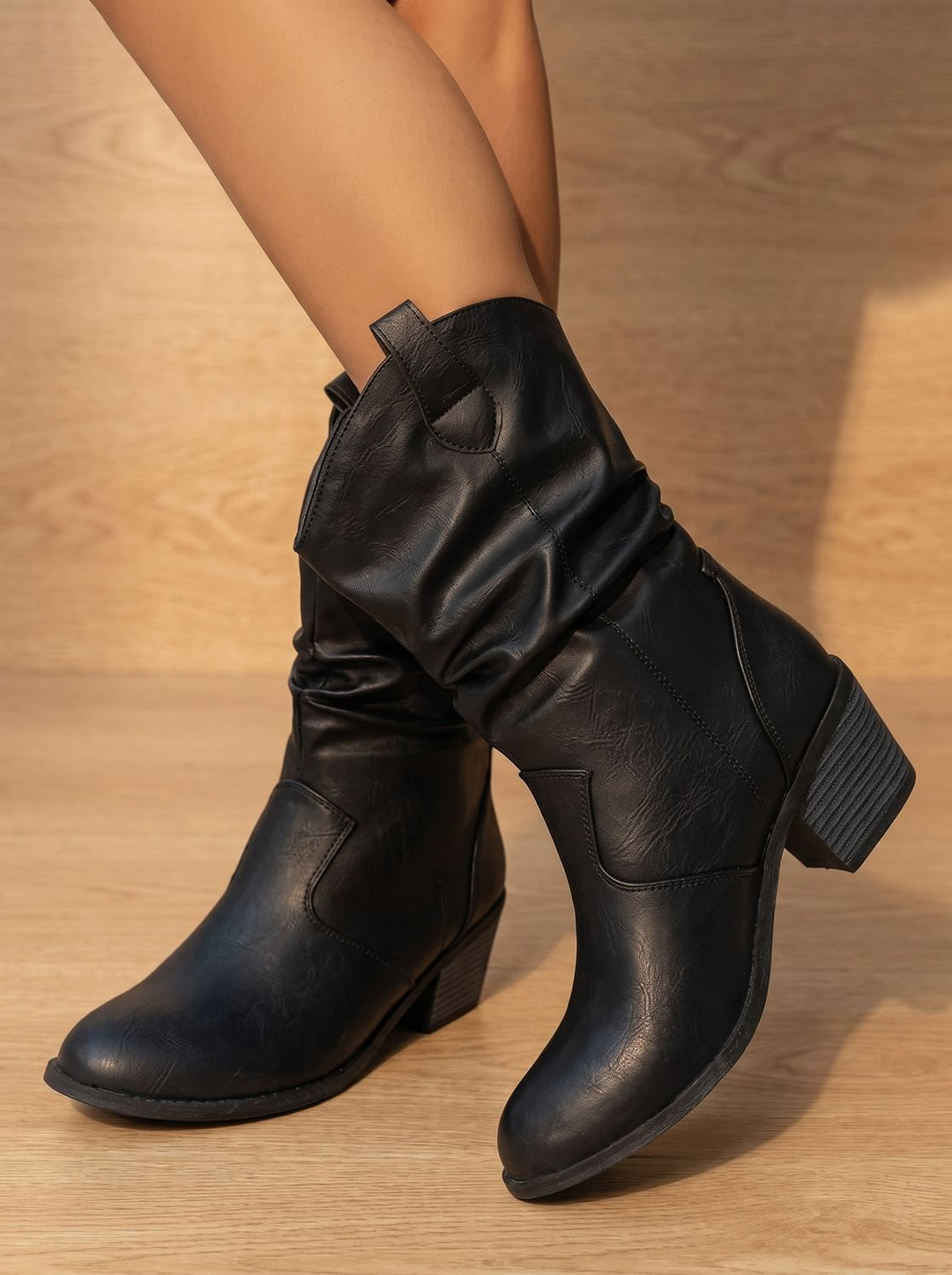 Women's Slouchy Block Heel Mid-Calf Boots - Black