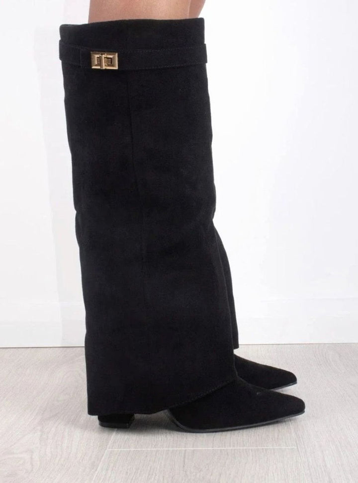 Women's Slouchy Fold-Over High Heel Boots Gold-Buckle Knee-High
