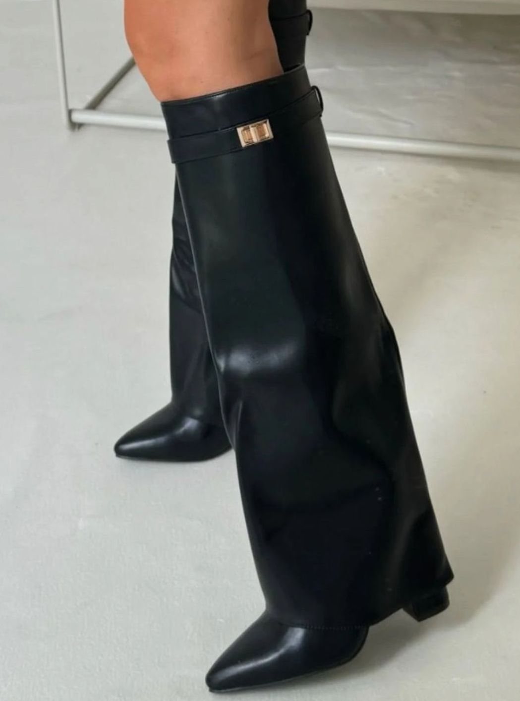 Women's Slouchy Fold-Over High Heel Boots Gold-Buckle Knee-High