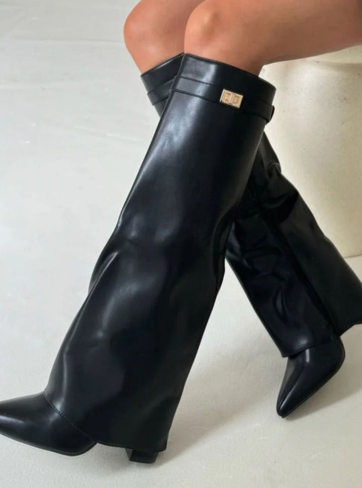 Women's Slouchy Fold-Over High Heel Boots Gold-Buckle Knee-High - Black Leather