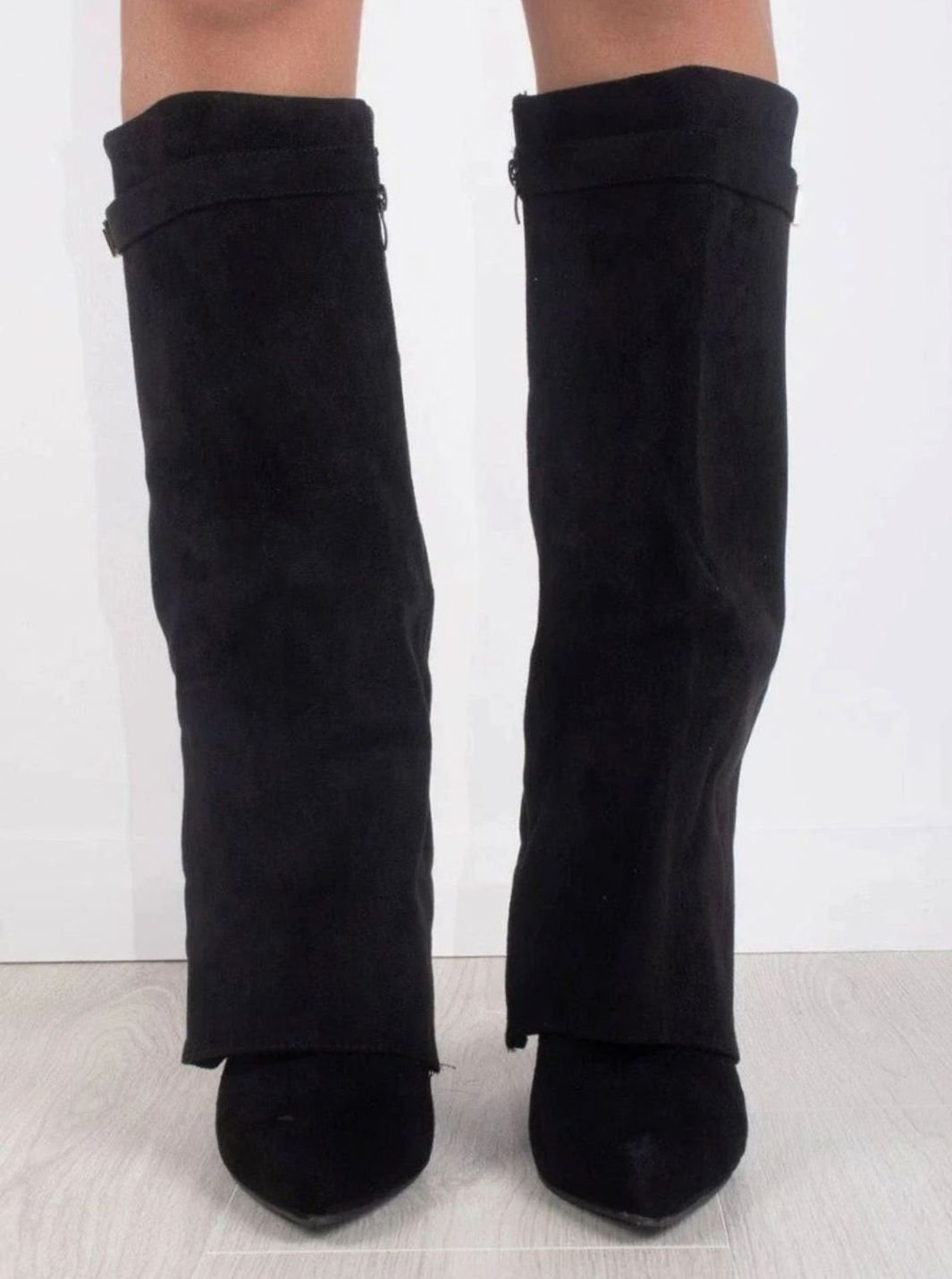 Women's Slouchy Fold-Over High Heel Boots Gold-Buckle Knee-High