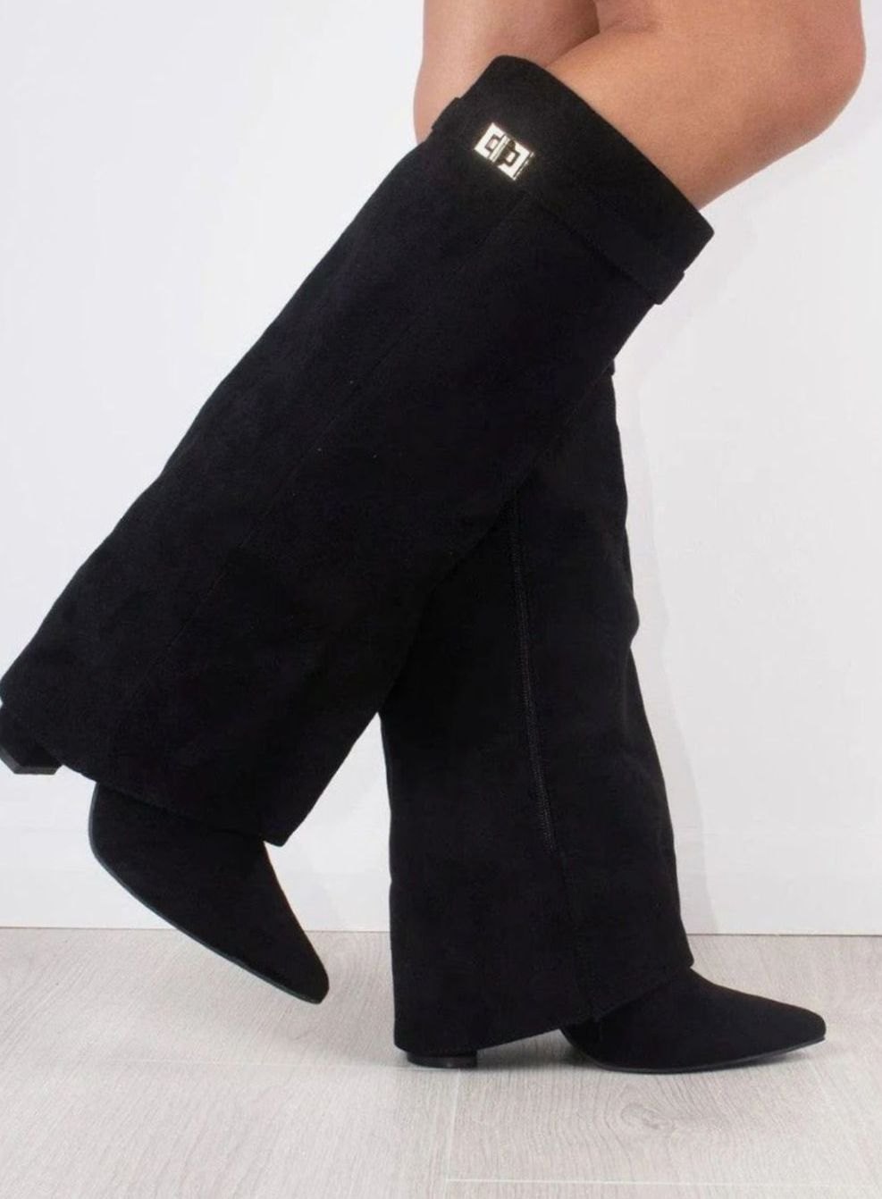 Women's Slouchy Fold-Over High Heel Boots Gold-Buckle Knee-High - Black Suede