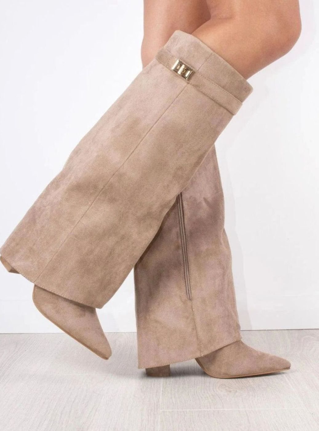 Women's Slouchy Fold-Over High Heel Boots Gold-Buckle Knee-High - Beige Suede