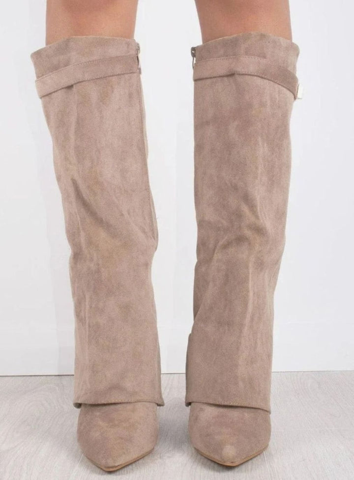 Women's Slouchy Fold-Over High Heel Boots Gold-Buckle Knee-High