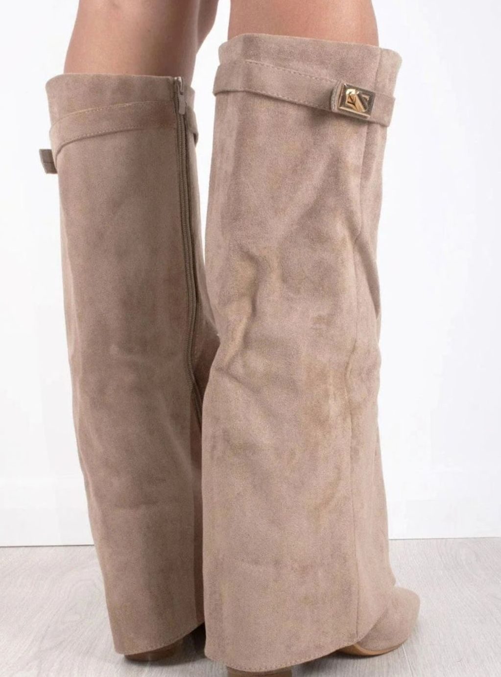 Women's Slouchy Fold-Over High Heel Boots Gold-Buckle Knee-High