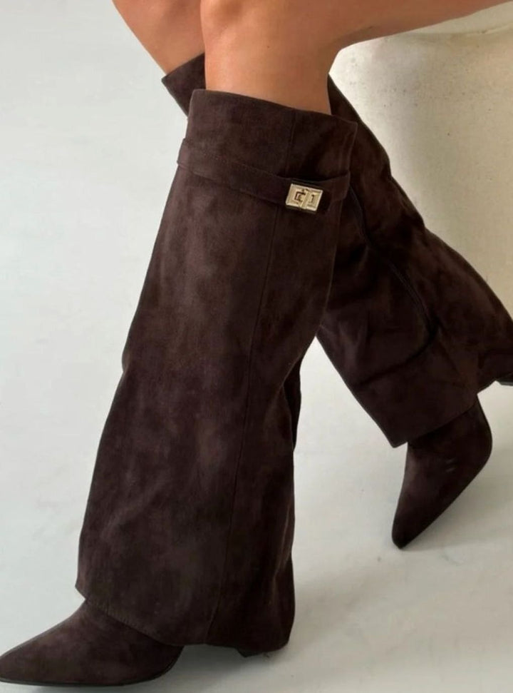 Women's Slouchy Fold-Over High Heel Boots Gold-Buckle Knee-High