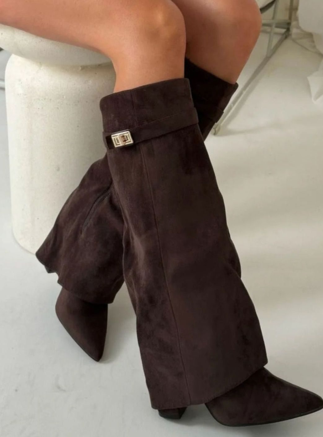 Women's Slouchy Fold-Over High Heel Boots Gold-Buckle Knee-High - Brown Suede