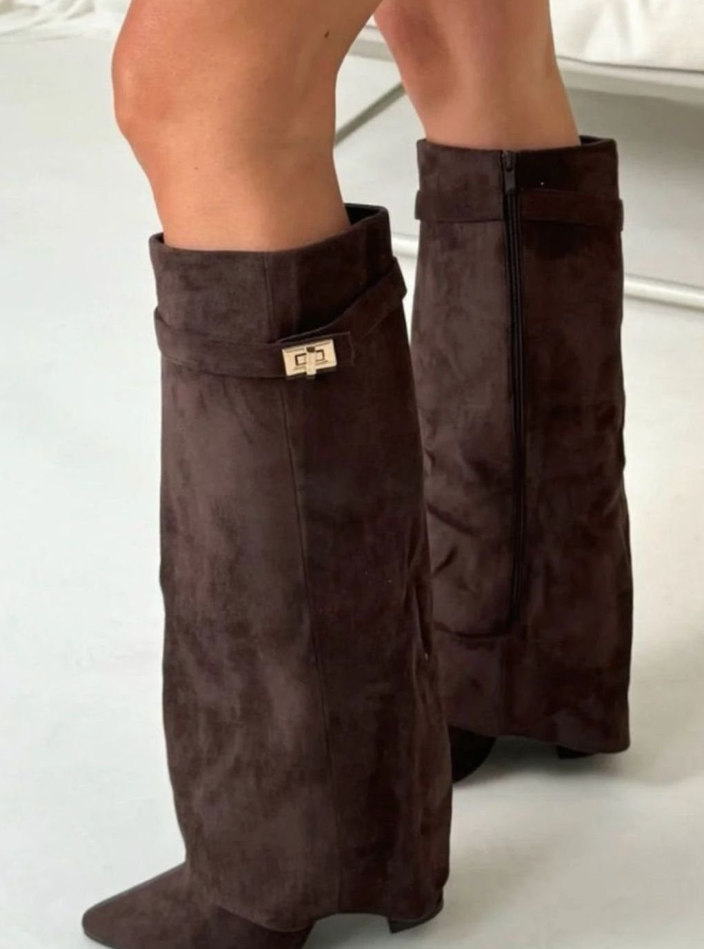 Women's Slouchy Fold-Over High Heel Boots Gold-Buckle Knee-High