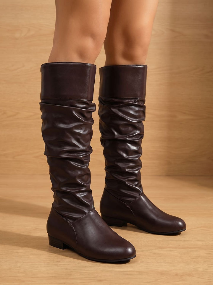 Women's Slouchy Knee High Boots Pointed-Toe Low Block Heel Pull-On